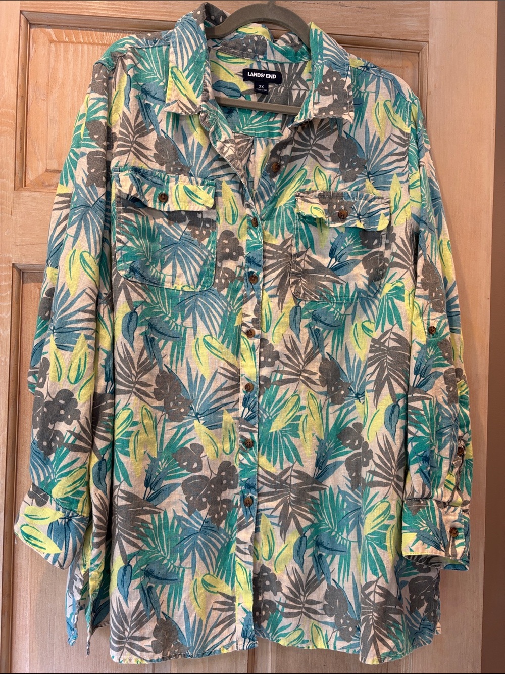 Lands' End 100% Linen Tropical Print Top in Teal, Gray & Yellow 2X
